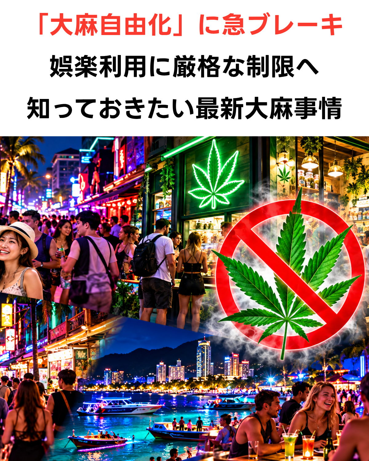 タイの大麻自由化に急ブレーキ　娯楽利用に厳格な制限へ　知っておきたい最新大麻事情　カオサン通りやパタヤの夜景と大麻ショップのイメージ