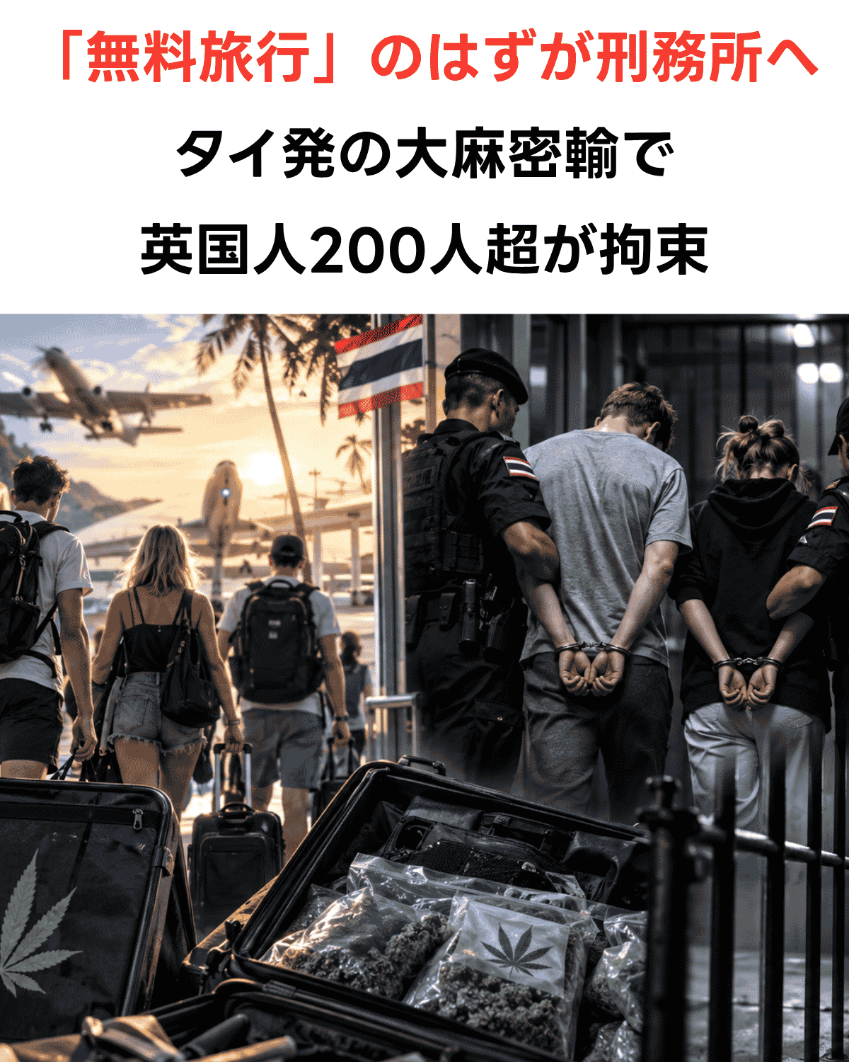 「無料旅行」のはずが刑務所へ、タイ発の大麻密輸で英国人200人超が拘束されたことを伝えるアイキャッチ画像（AI IMAGE）