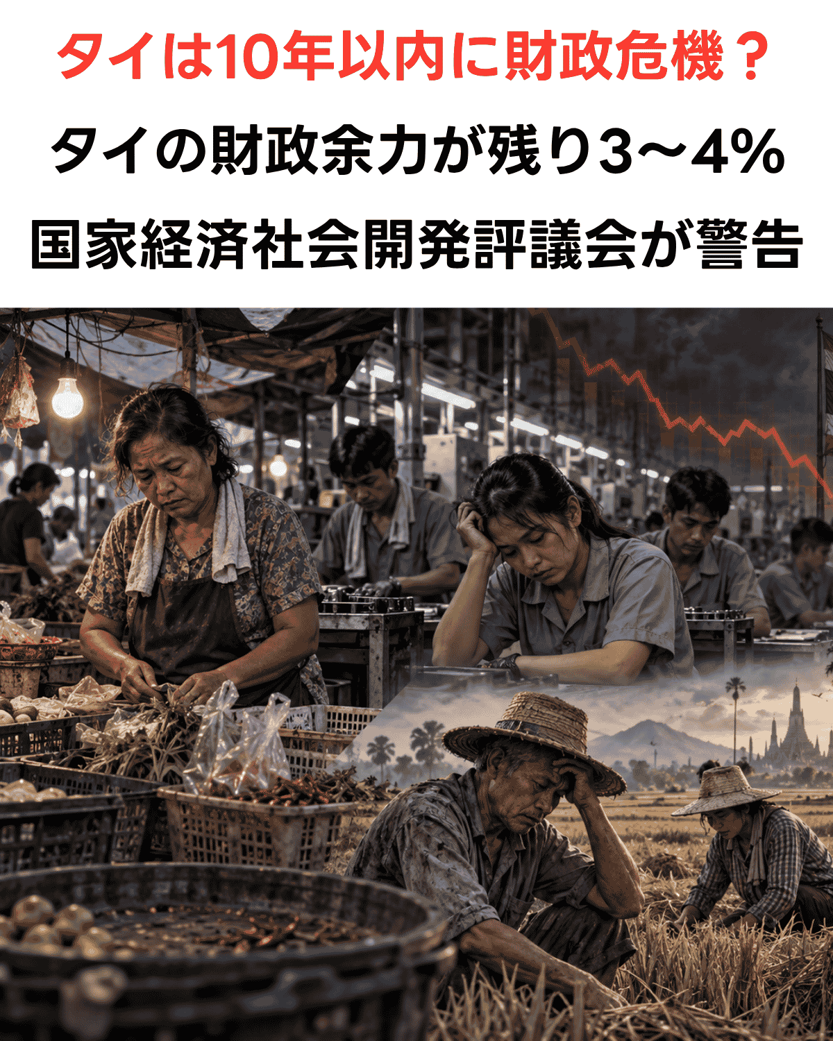 タイは10年以内に財政危機？　タイの財政余力が残り3〜4%　国家経済社会開発評議会が警告(AI IMAGE)