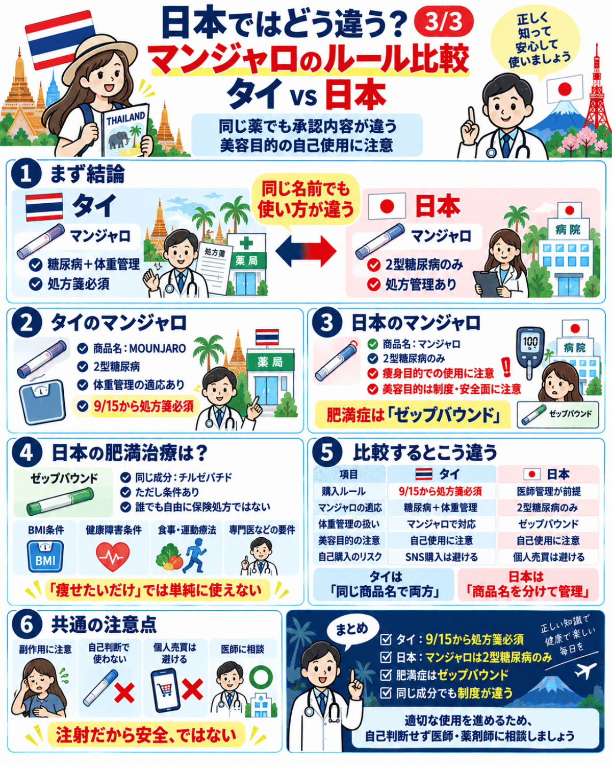 タイと日本のマンジャロの承認用途や処方ルールを比較し、タイでは糖尿病と体重管理、日本では2型糖尿病のみで、肥満症にはゼップバウンドが使われる違いを解説したインフォグラフィック