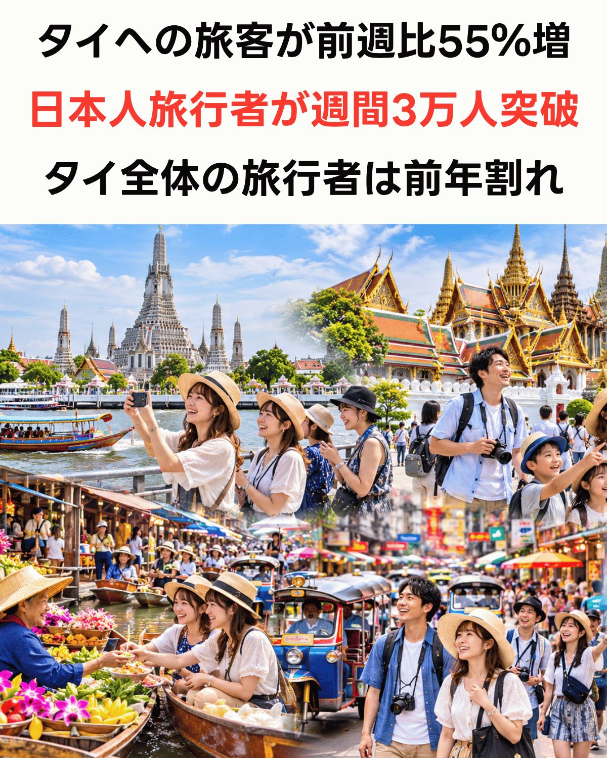 タイへの旅客が前週比55%増　日本人旅行者が週間3万人突破　タイ全体の旅行者は前年割れ　バンコク観光を楽しむ日本人旅行者のイメージ