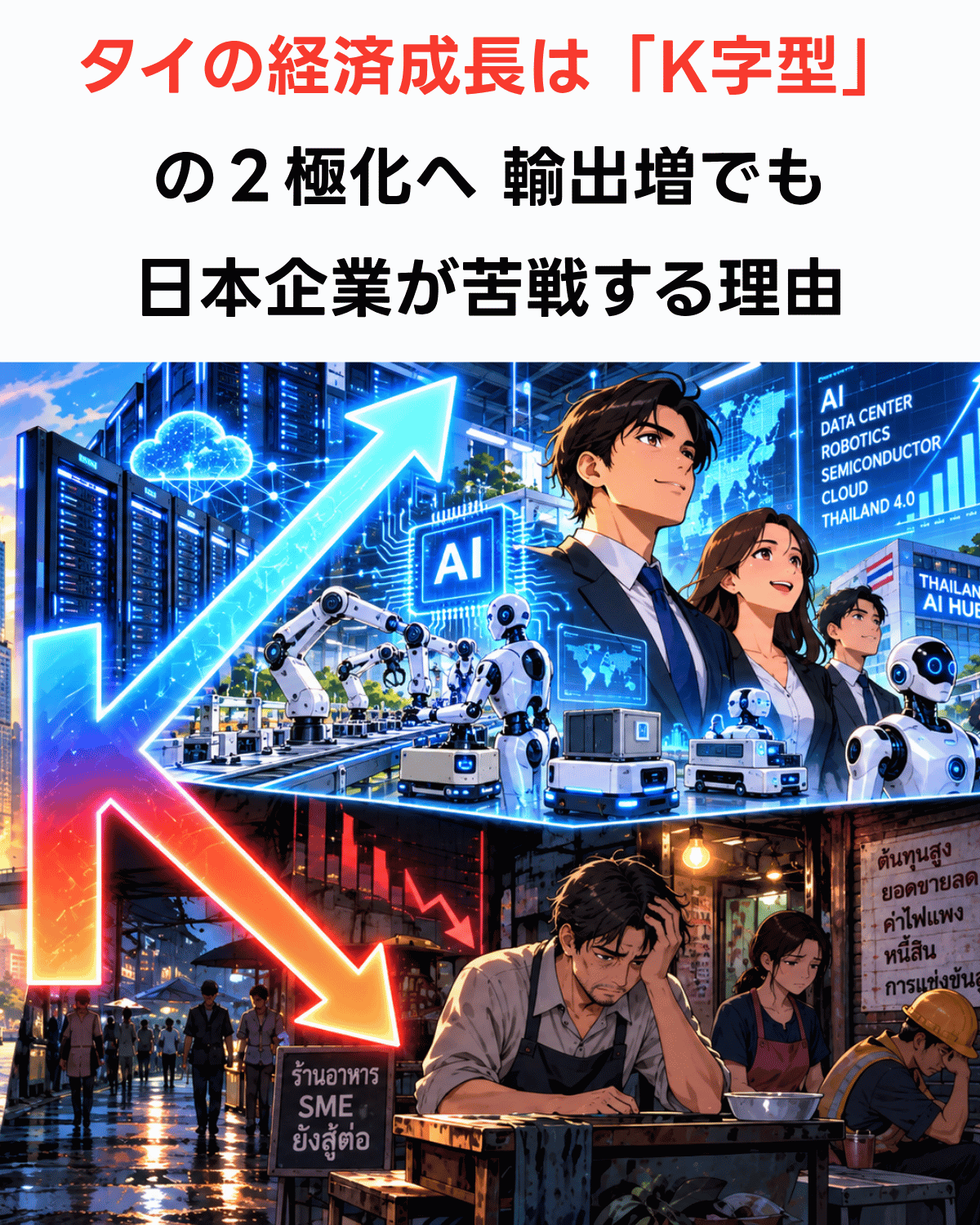 タイのK字型経済を表すイメージ、AI・データセンターの成長と中小企業の苦境を対比