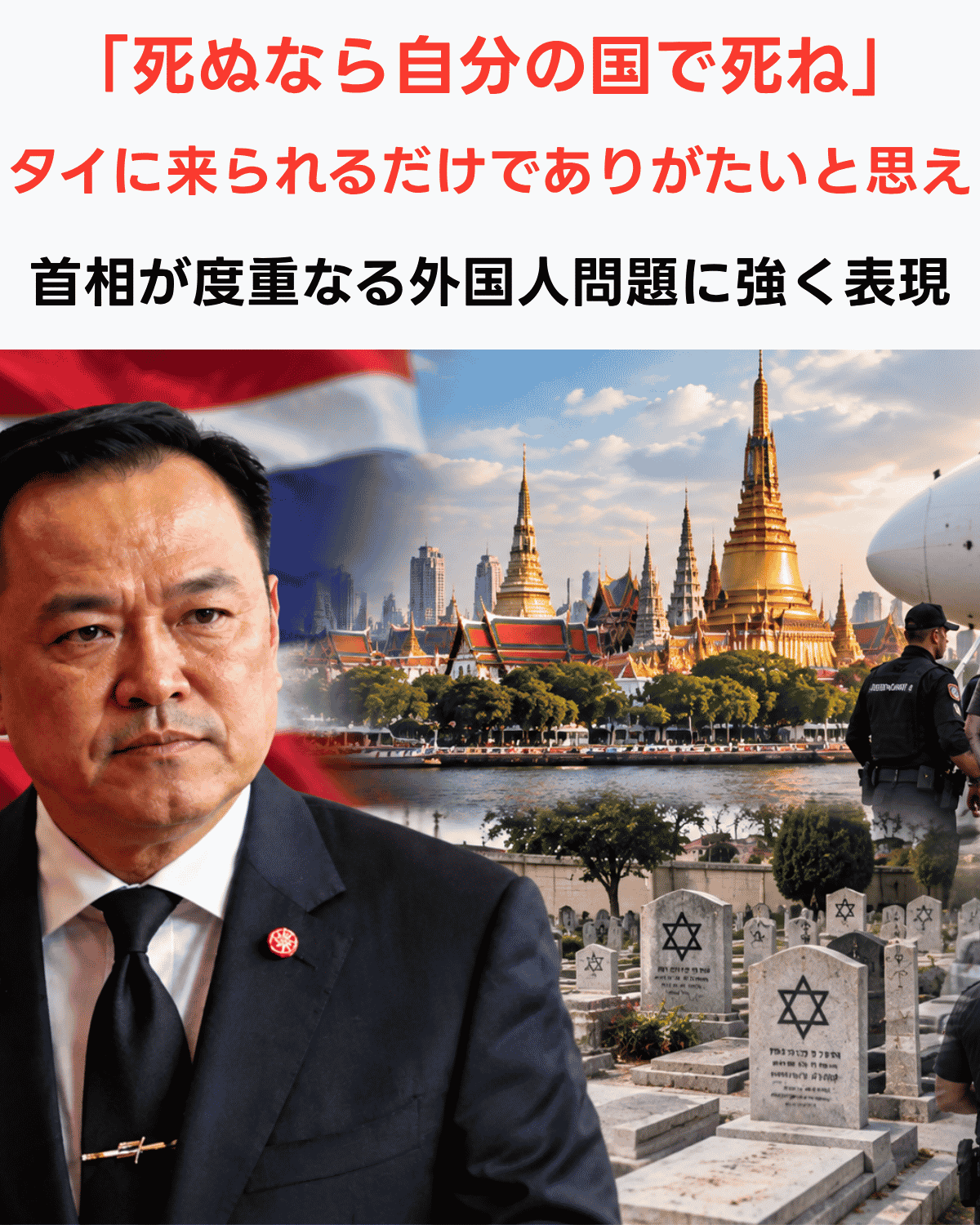 タイ首相が「死ぬなら自分の国で死ね」「タイに来られるだけでありがたいと思え」と違法外国人問題について強く発言したことを伝えるアイキャッチ画像（AIコラージュ、元写真：BBC）