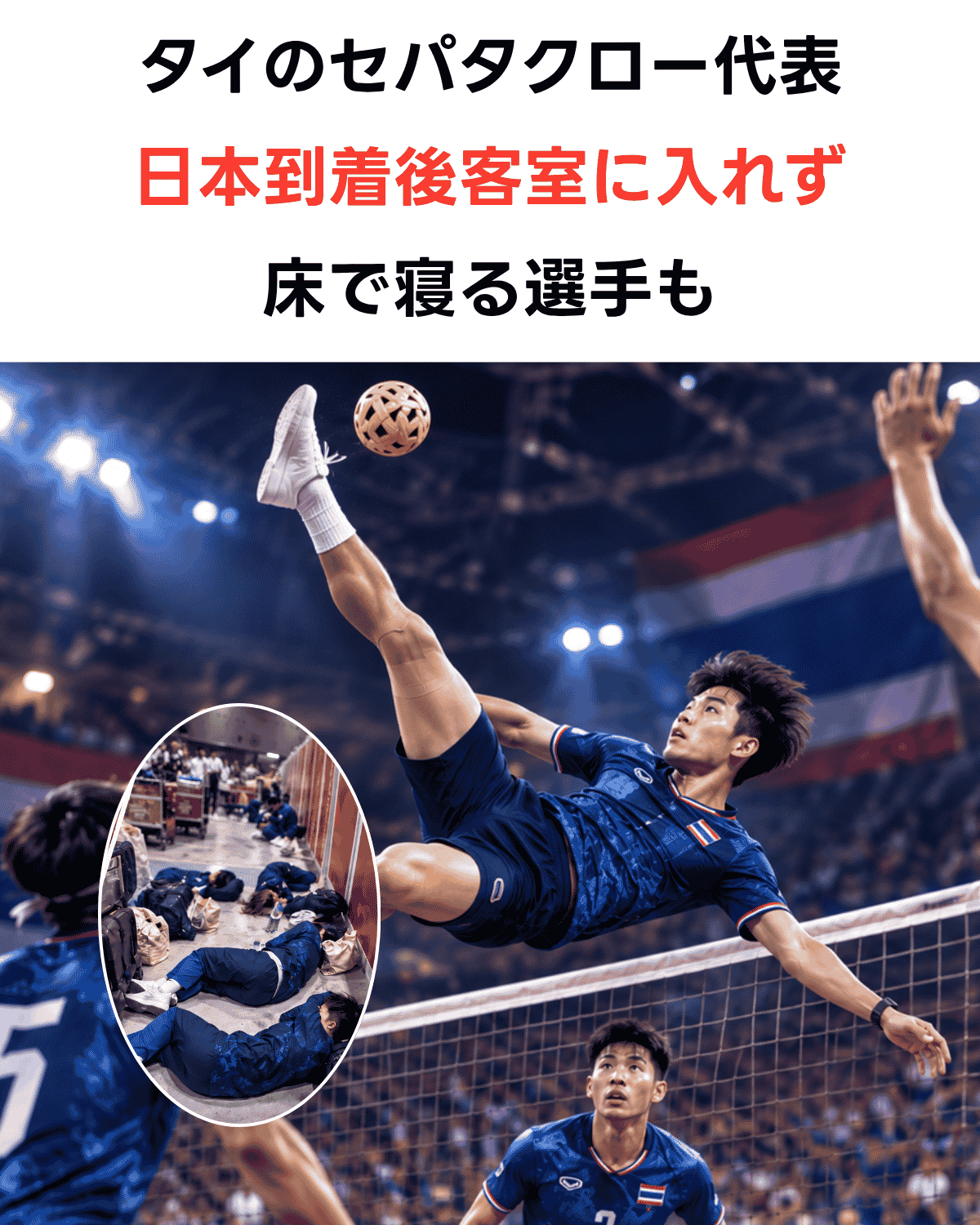 タイのセパタクロー代表が日本到着後に客室に入れず、床で寝る選手もいたことを伝えるアイキャッチ画像（AI IMAGE）