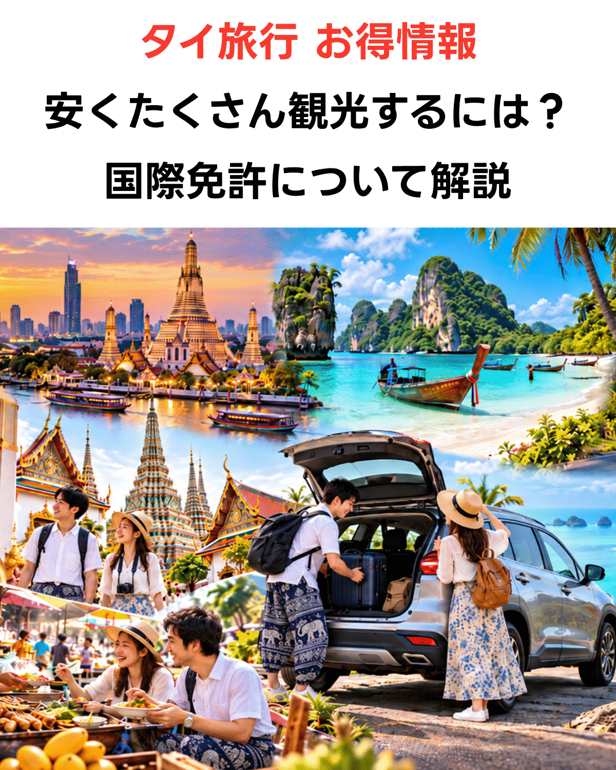 国際免許を利用してレンタカーでバンコクや寺院、ビーチ、山岳地帯などタイ各地を観光する日本人旅行者（AI image）