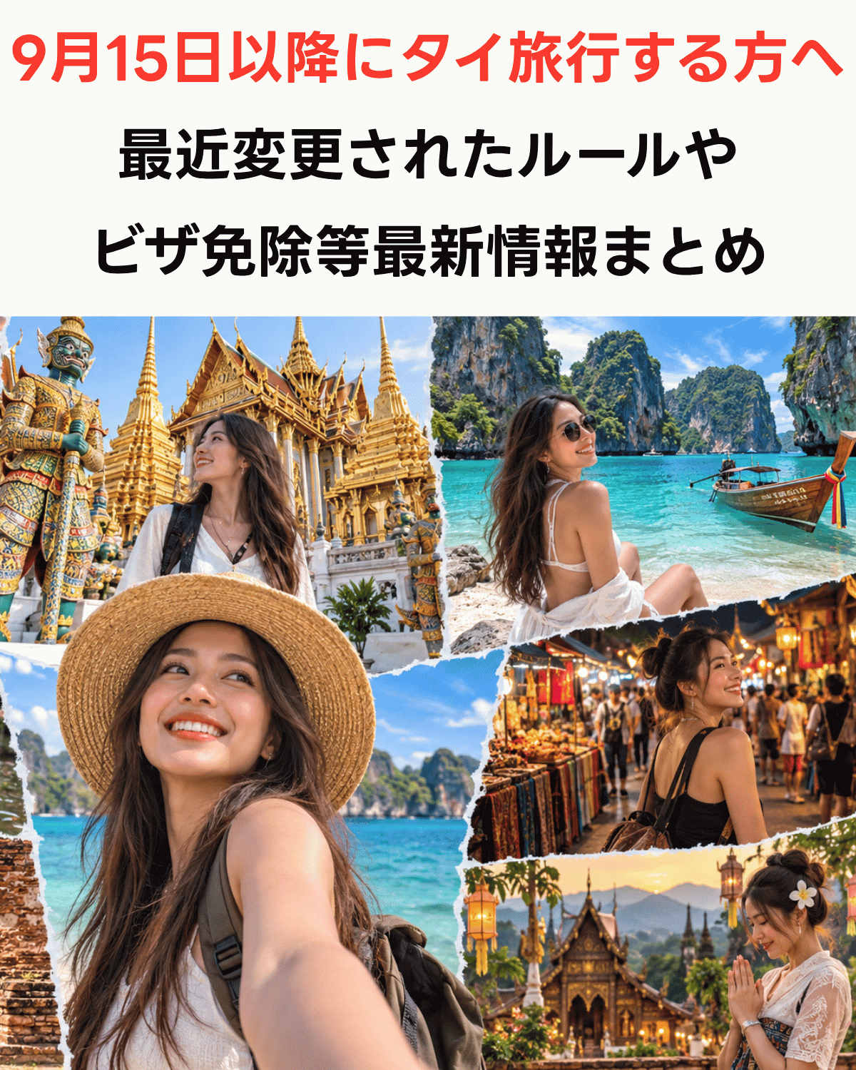 タイ旅行のイメージコラージュ、王宮、ピピ島、ナイトマーケット、チェンマイの寺院を巡る旅行者(AI IMAGE)