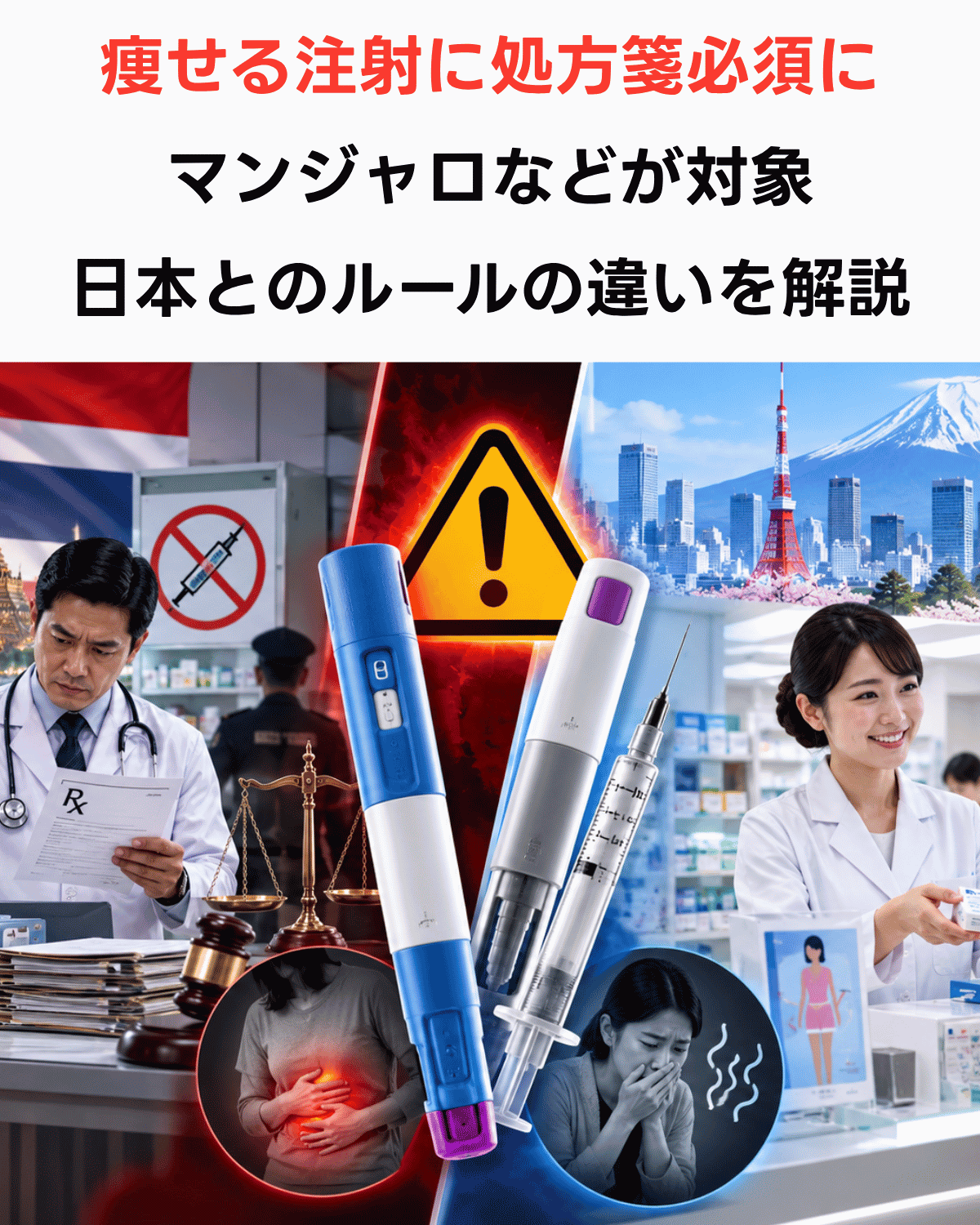 タイで痩せる注射に処方箋が必須となり、マンジャロなどが対象となったことと日本とのルールの違いを伝えるアイキャッチ画像（AI IMAGE）