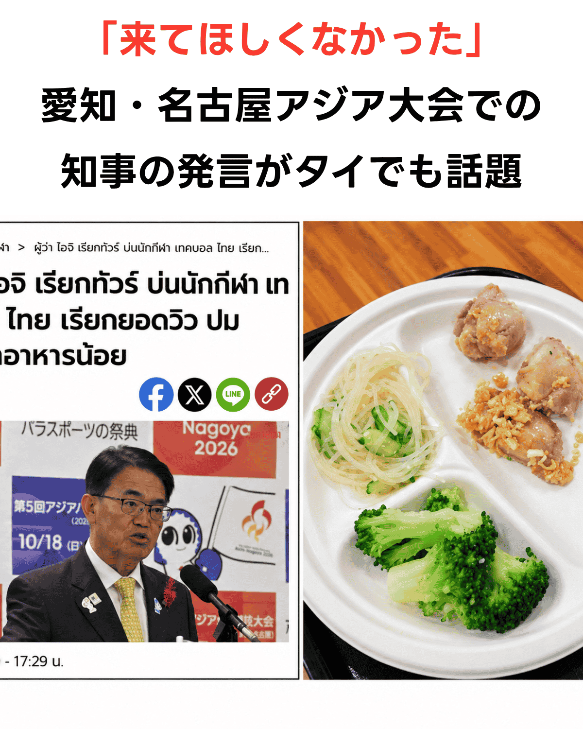「『来てほしくなかった』愛知・名古屋アジア大会での知事の発言がタイでも話題」の文字、タイ語ニュースサイトの画面、記者会見で話す愛知県知事、テックボール会場で提供された昼食の写真（出典：Khaosod、The Thaiger）