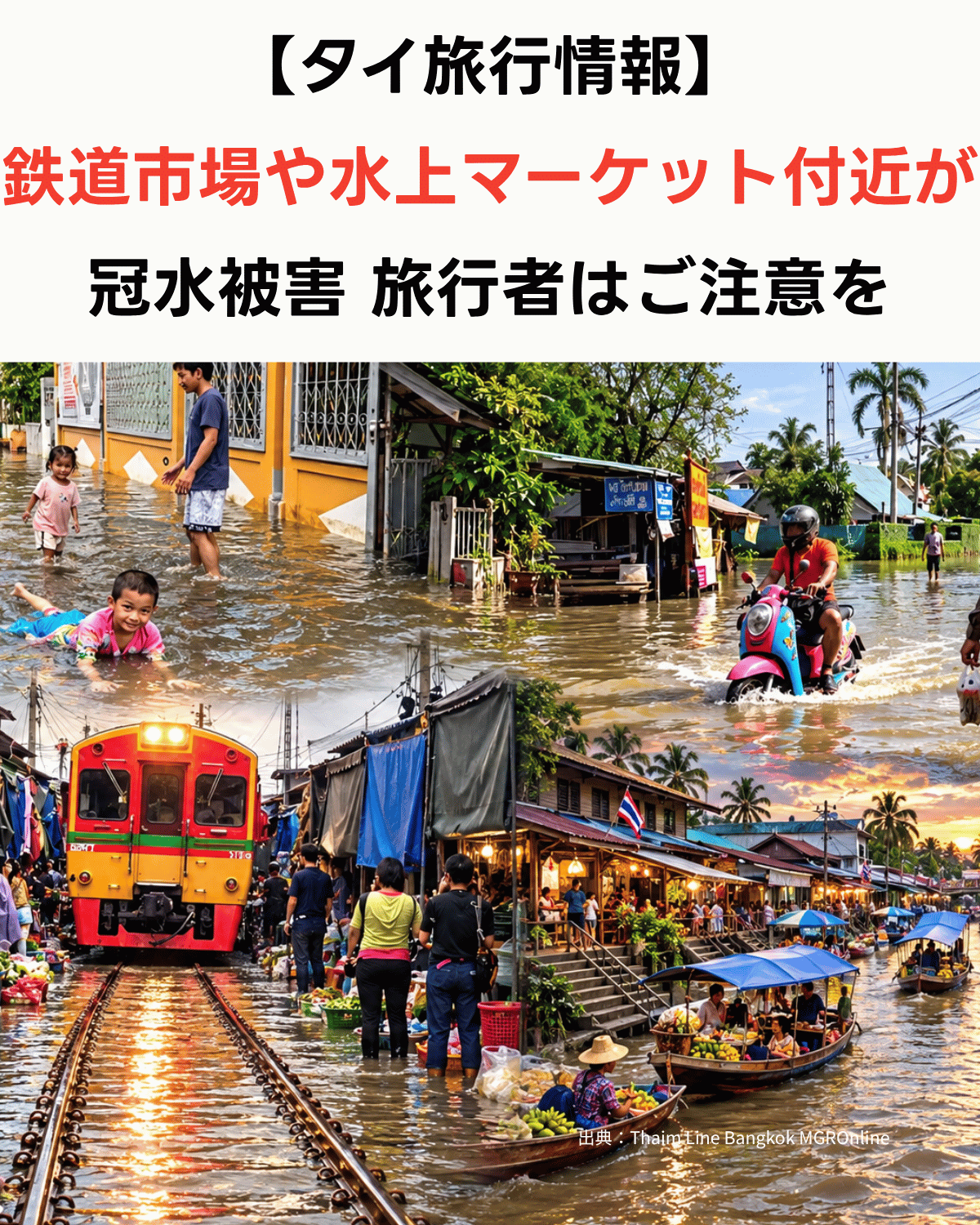 ALTテキスト：アンパワー水上マーケットとメークロン鉄道市場付近の冠水被害、子どもが水遊びする様子やバイクでの通行、市場内を走る列車(出典：タイムラインバンコク／MGR Online)