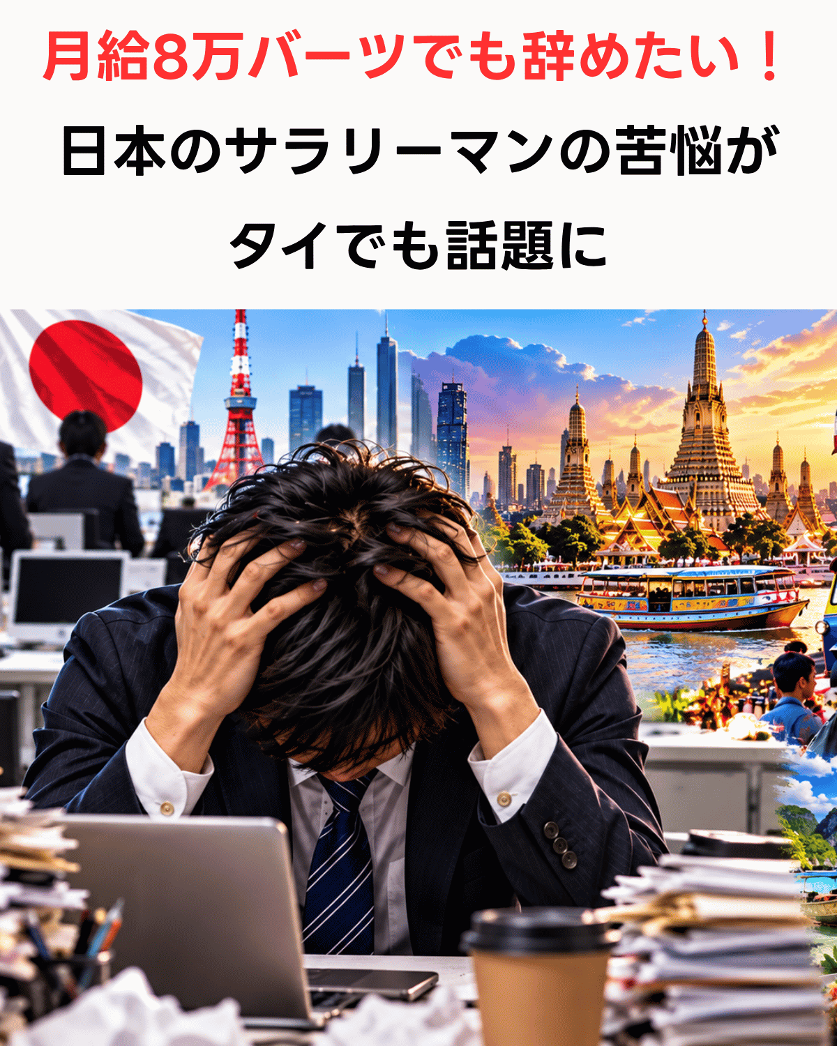 頭を抱える日本人サラリーマン東京タワーとバンコクの寺院を背景に「月給8万バーツでも辞めたい！日本のサラリーマンの苦悩がタイでも話題」の文字(AIIMAGE)