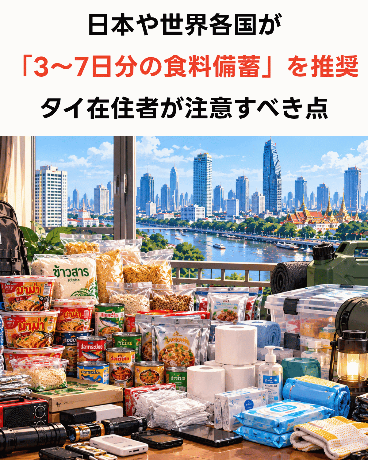 バンコクのコンドミニアムから見える都市景観と、床に並べられた防災備蓄用品（水、食料、救急セット、懐中電灯）