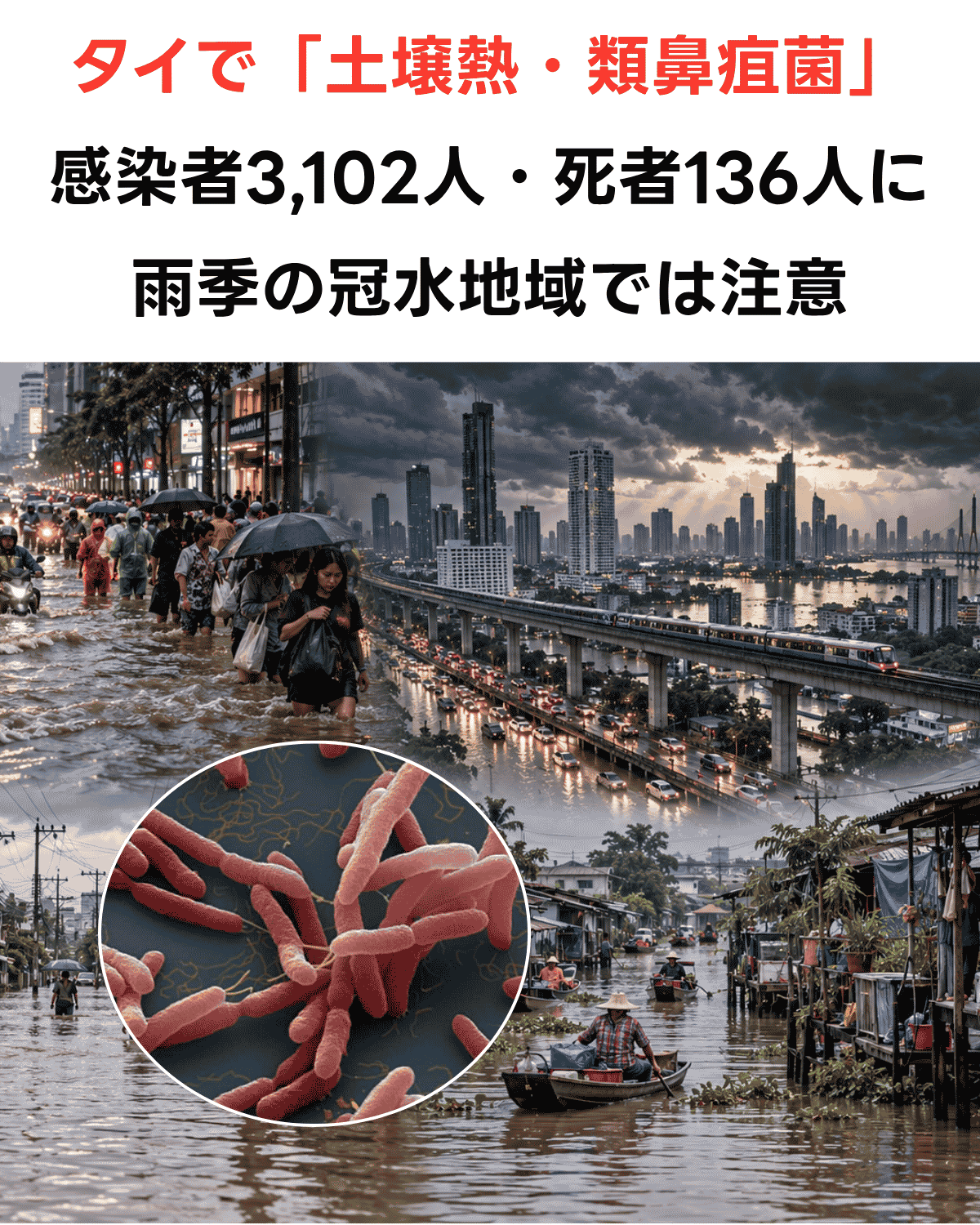 「タイで『土壌熱・類鼻疽菌』による感染者3,102人・死者136人に　雨季の冠水地域で注意を呼びかけ」というタイトル付きの冠水と細菌のイメージ画像